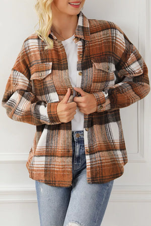 Plaid Button Up Shacket in Caramel, alternate angle