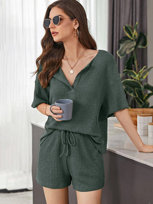 Army green waffle knit henley short set with drawstring shorts and v-neck top.
