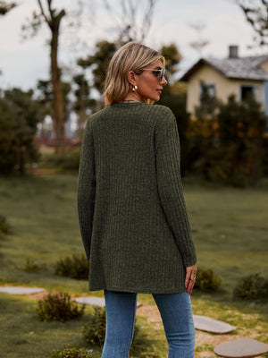 Longline ribbed knit cardigan in Army Green with button-down front and long sleeves.
