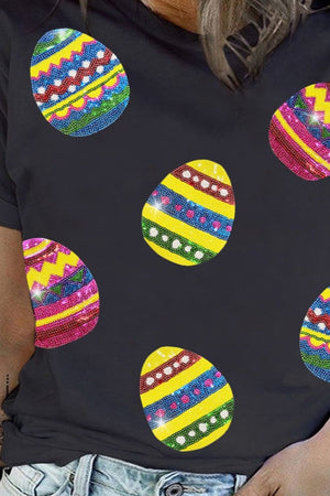 Black crewneck tee with colorful sequin Easter egg appliques.