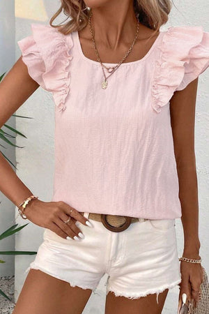 Blush pink blouse with ruffle cap sleeves and square neckline