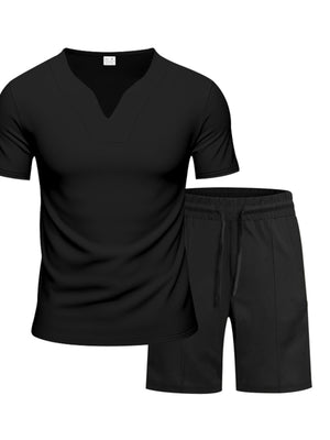 Black notched collar V-neck tee and drawstring shorts set for men.