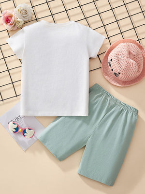 Toddler fairy graphic tee and mint shorts set, comfortable cotton.