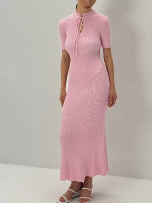 Blush pink knitted mermaid dress with short sleeves and tied neckline