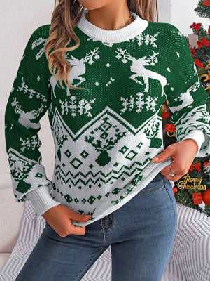 Green acrylic knit sweater with reindeer and snowflake Fair Isle pattern.