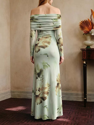 Ruffled Slit Off Shoulder Maxi Dress in Floral, side view
