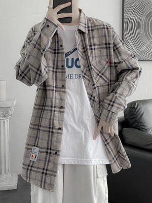 Men's Plus Size Plaid Button Up Shirt in Dark Gray, close-up detail