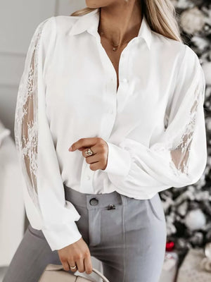 Lace-sleeve Button Up Shirt in Dark Green, product detail