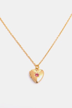 Gold heart locket necklace with pink gemstone, 14k gold chain