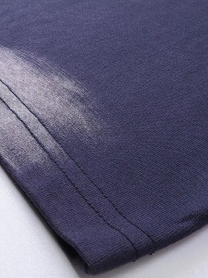 Men's dark navy t-shirt with abstract brushstroke detail and visible stitching.