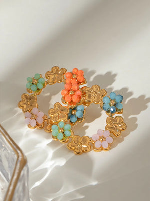 Gold floral halo beaded statement earrings with colorful crystal flowers