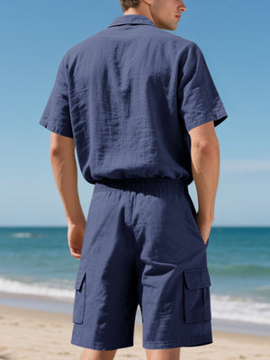 Navy blue relaxed-fit button-up shirt and cargo shorts set with drawstring waist.