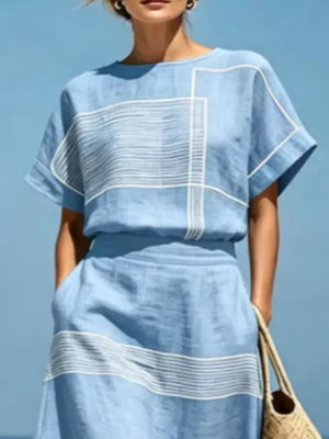 Full Size Striped Round Neck Top And Skirt Set, side view
