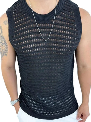 Black openwork knit tank top with crewneck and short sleeves, breathable acrylic blend.