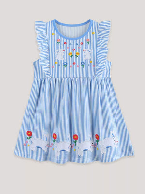 Blue striped cotton toddler dress with embroidered bunnies and flowers, ruffle sleeves.