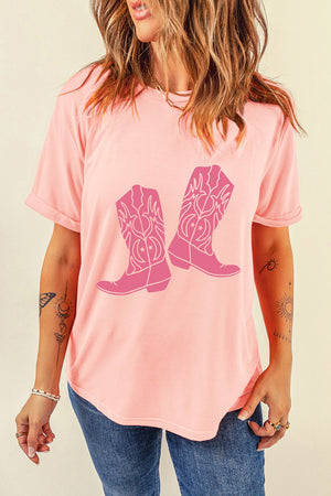 Graphic round neck boot tee in blush pink with graphic cowboy boots.