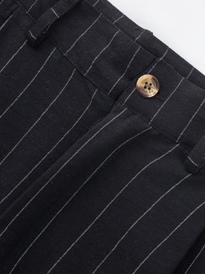 Black pinstripe sweatpants with a button closure and wide leg.