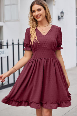 Burgundy textured dot puff sleeve fit-and-flare dress with ruffled hem