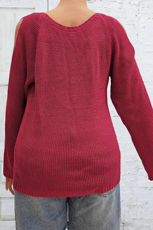 Deep red ribbed knit pullover sweater with open shoulders and long sleeves.