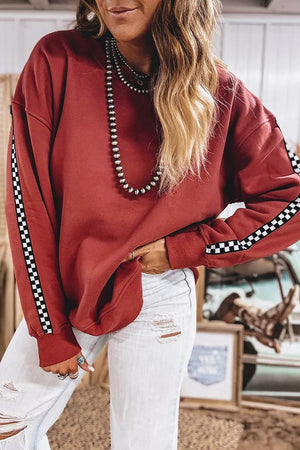 Checkered Trim Long Sleeve Round Neck Sweatshirt in Rust, side view