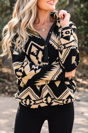 Aztec Print Fleece Snap Down Sweatshirt in Black, side view