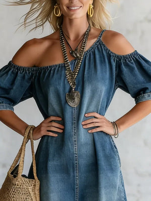 Asymmetrical Neck Denim Maxi Dress With Pockets in Light Blue, close-up detail