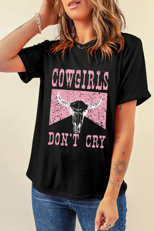 Black graphic tee with distressed cowgirl skull and text print