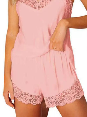 Pink lace trimmed cami and shorts pajama set with V-neck lace detail