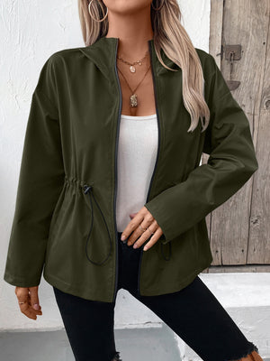 Army green utility jacket with cinched waist and drawstring detail.