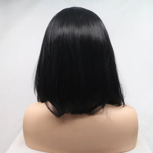 Black blunt-cut bob lace front wig with a smooth finish.