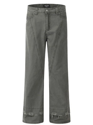 Men's grey wide-leg denim trousers with distressed hem detail