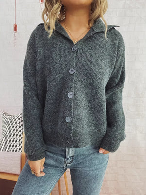 Gray ribbed button-up cardigan with polo collar and four buttons.
