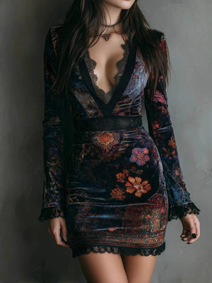 Velvet mini dress with plunging lace neckline, long sleeves, and floral print.