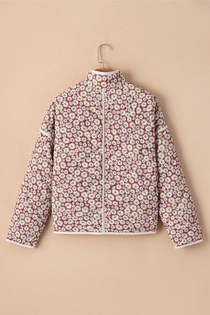 Daisy quilted stand collar jacket in burgundy with white trim and a floral print.
