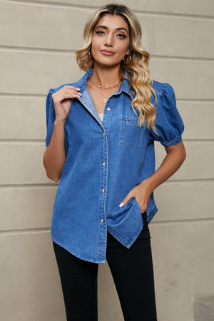 Royal Blue denim shirt with puff sleeves, collared neckline, and button-down front.
