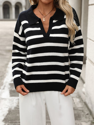 Black and white striped knit polo sweater with collar and v-neck