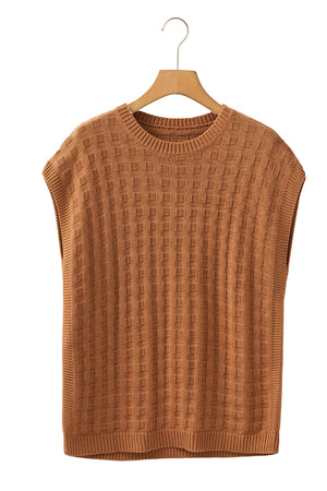 Camel textured knit boxy top with crewneck and sleeveless design.