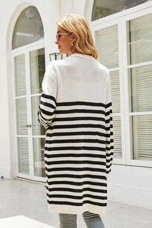 Monochrome block stripe maxi cardigan in black and white acrylic with long sleeves.