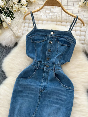 Denim maxi dress with spaghetti straps, button front, chest pockets, and cutout sides.