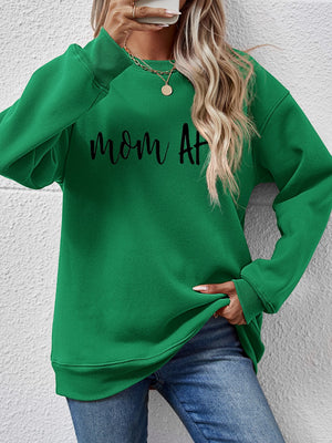 Green graphic sweatshirt with black "mom af" text, crewneck, long sleeves