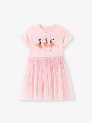 Pink cotton dress with ballerina graphic and tulle skirt