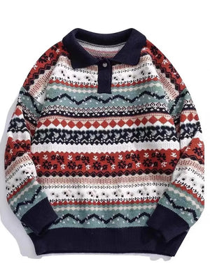Men's geometric knit polo sweater with abstract heritage pattern in navy blue and brown tones.