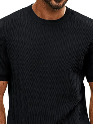 Black chevron knit crew neck tee with short sleeves.