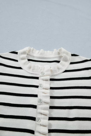 Chic striped maternity cardigan with ruffle trim and buttons.