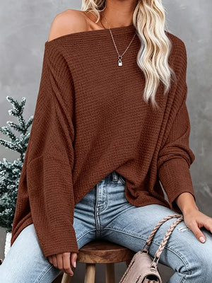 One-shoulder Waffle Knit Top in Brown, side view