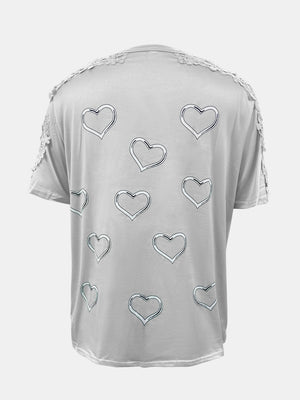 Light Gray t-shirt with heart print and lace trim detail on shoulders and sleeves.