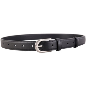 Black leather belt with rhinestone buckle and silver hardware.