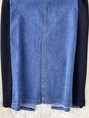 Denim patchwork dress with black sleeves, button-down detail