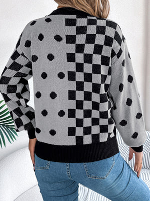 Gray acrylic sweater with checkerboard and dot intarsia pattern, crew neck, long sleeves.