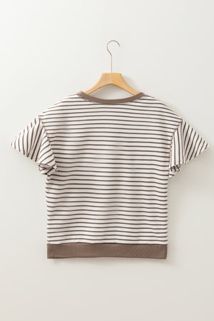 Brown striped tee with contrast neckline, cuffs, and flounce sleeves.